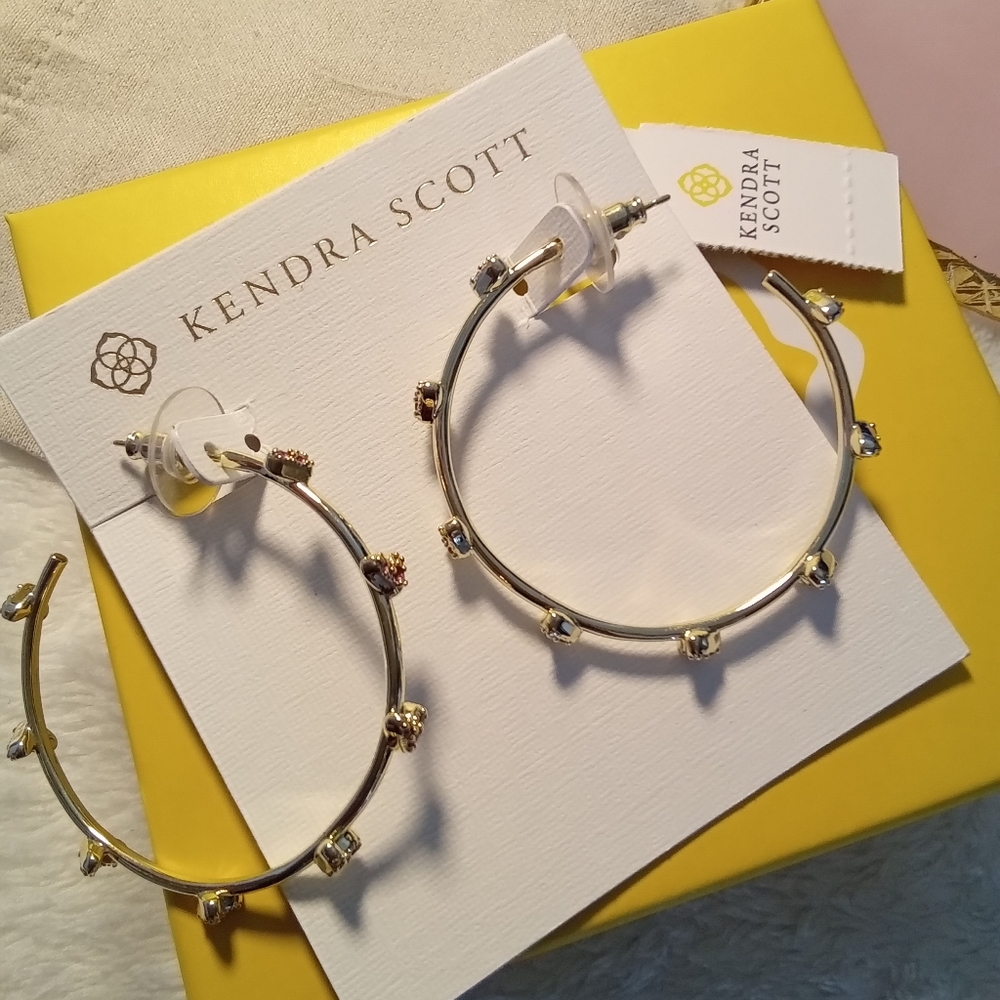 NWT and Box Kendra Scott Haven Heart Hoop Earrings in Gold and Pink Crystal